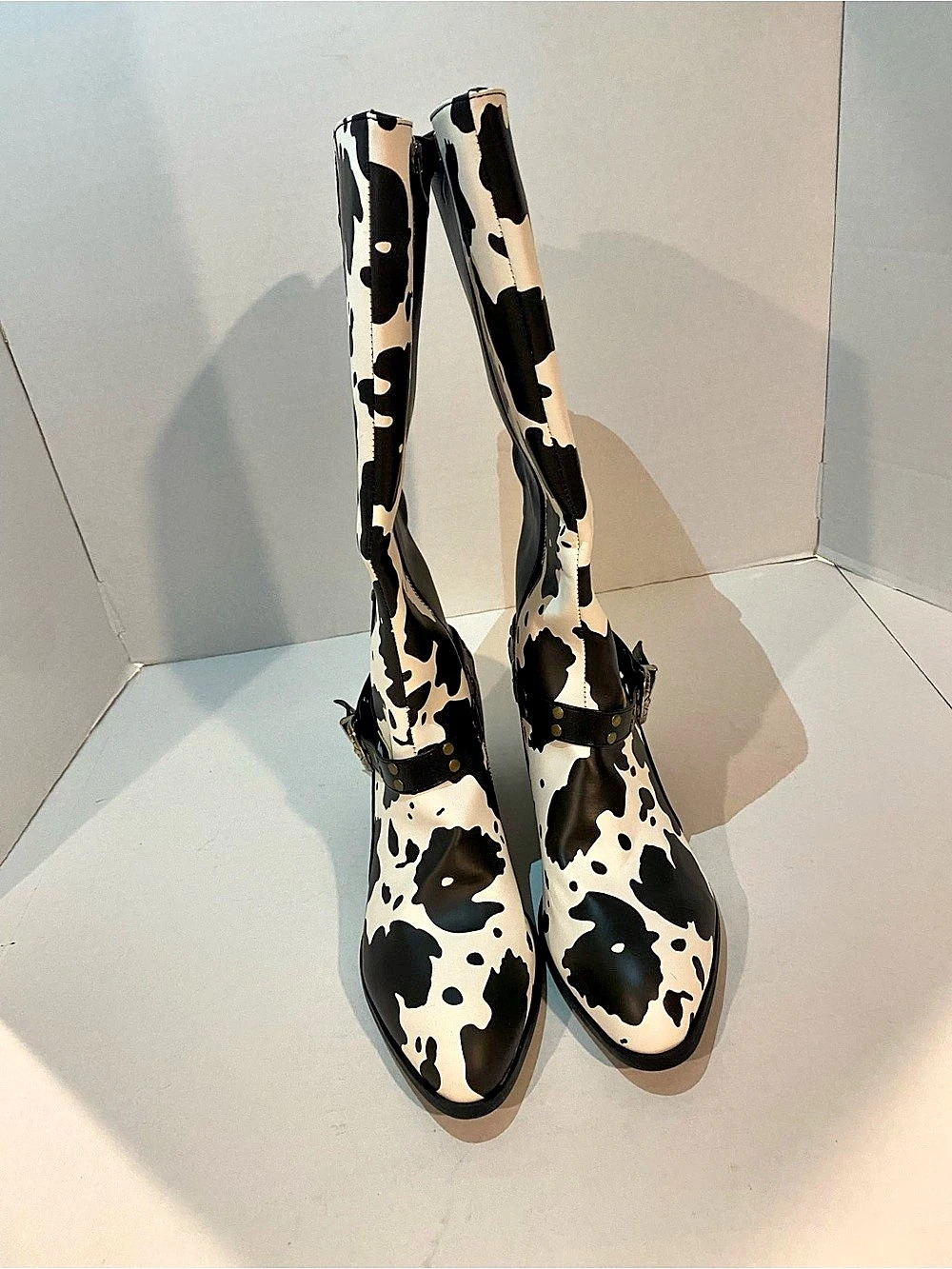 Cozivwaiy Women Mid Calf Cowboy Boots Chunky Heel Half Boot Cow Print Western